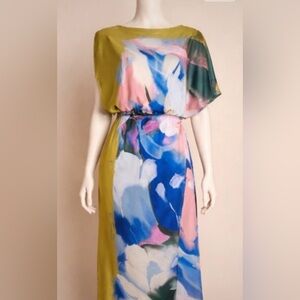 NWT Micas Abstract Watercolor Midi Dress in Blue and Pink